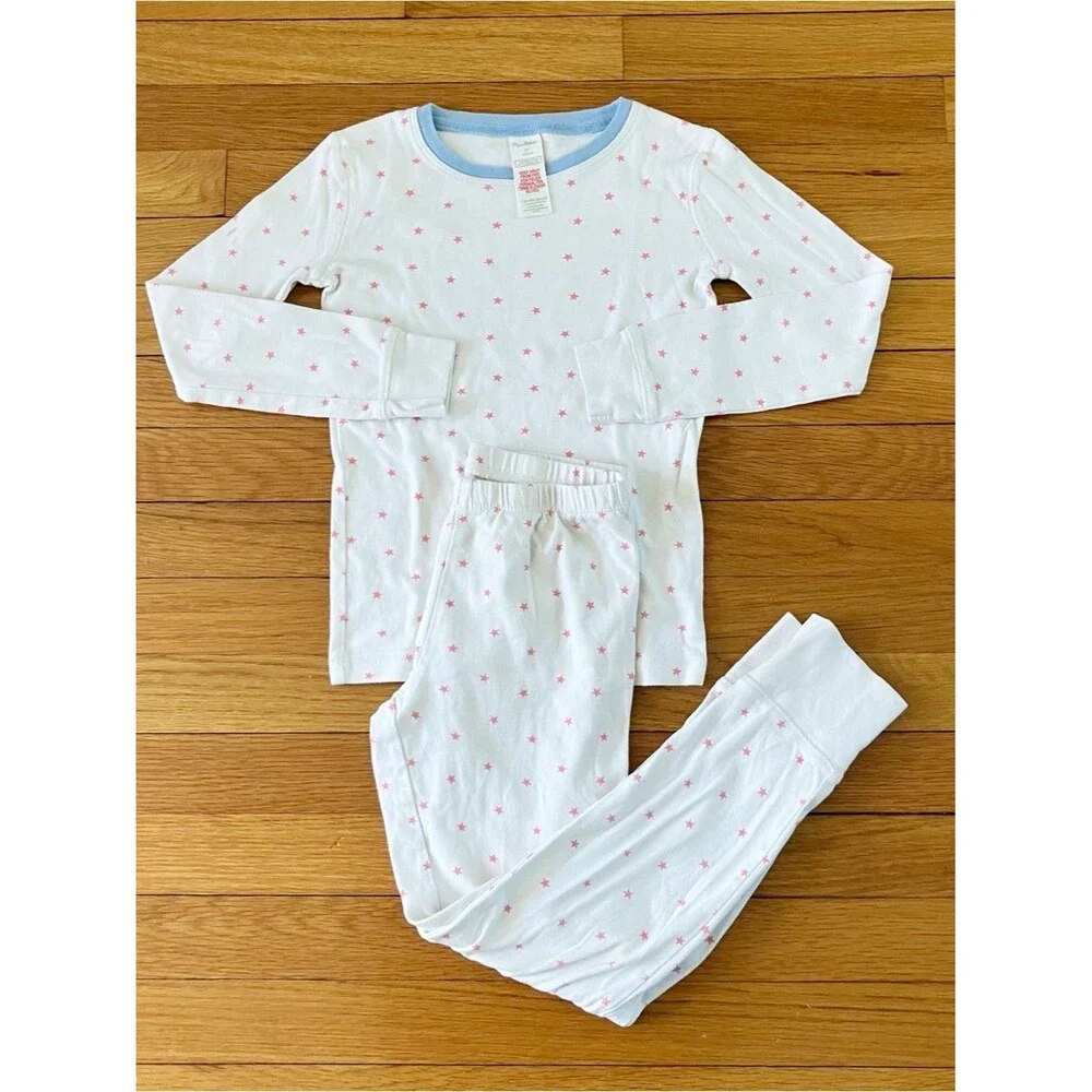 Mini Boden White Pink Blue Star Cotton Two Piece Cozy Pajamas 8
